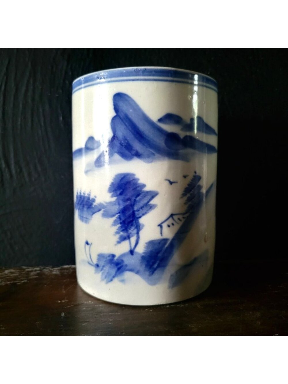 Large Vtg Chinese Brush Pot, Blue and White Chinoiserie Utensil Holder 5.5"